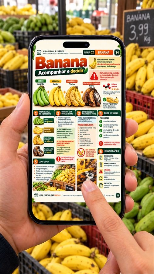 Dono de hortifruti consultando a ficha da Banana no celular em frente à banca